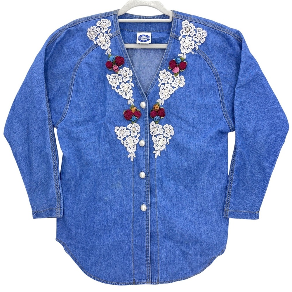 Bingo! Bingo! Blue Denim Shirt 6 Floral Lace Pearl Embellished Button Up V-Neck